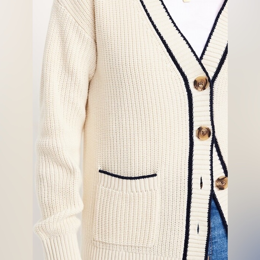 Old Navy Women’s Cream Cardigan with Navy Trim and Wooden Buttons Size XXL